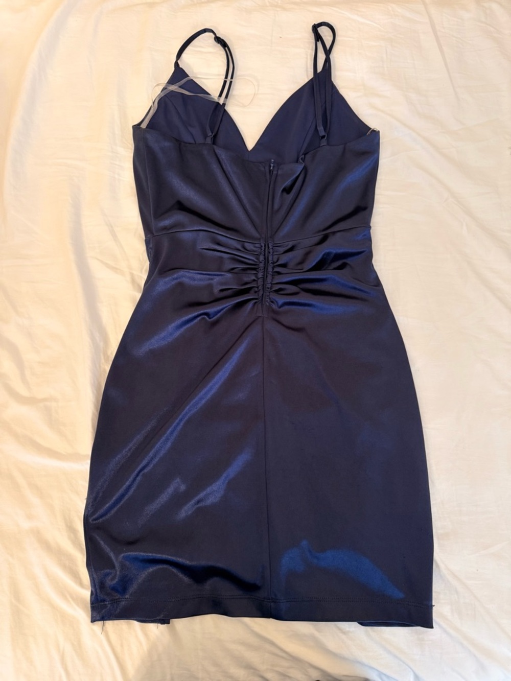 Satin Ruched V-Neck Slip Dress in Navy